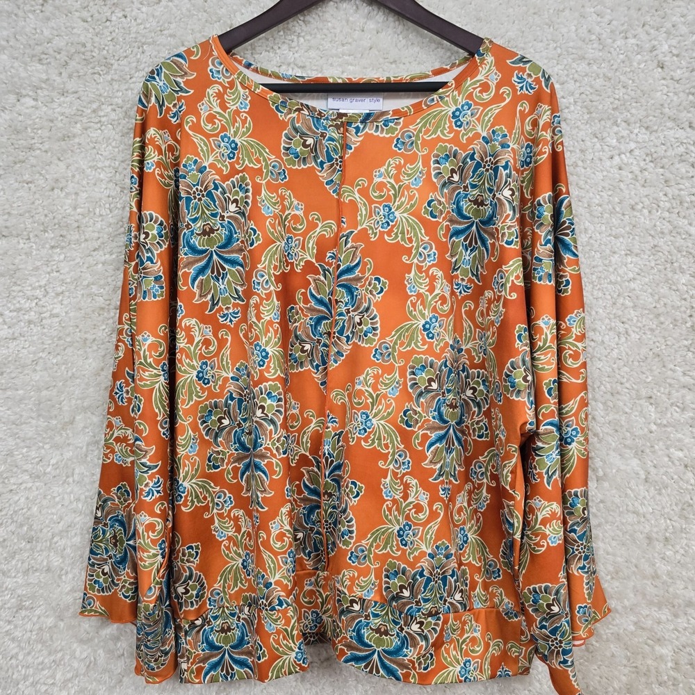 Susan Graver Womens Liquid Knit Floral Top Orange Size XL‎ Boho Maximalist